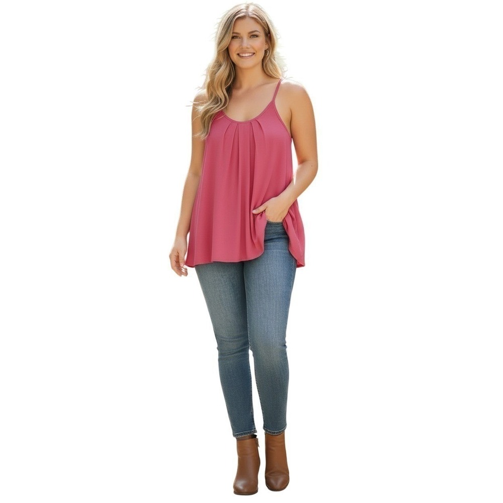 NWT Cozy Flowy Pink Pleated‎ Cami Tank M Adjustable Straps Boho Summer Top